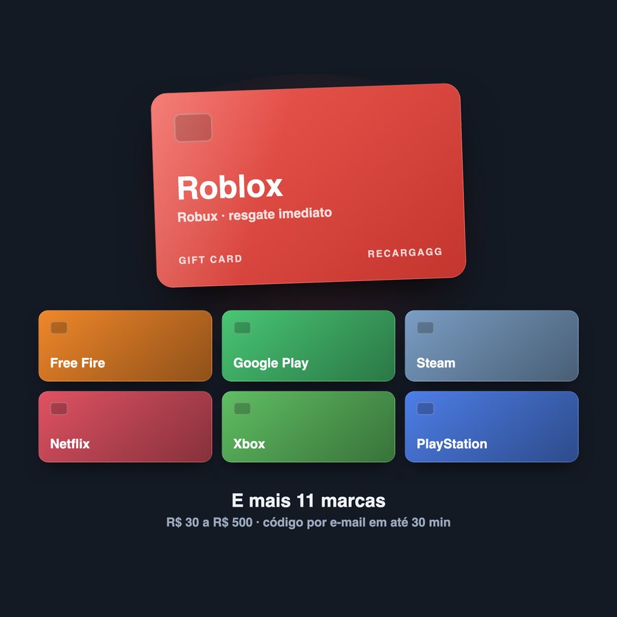 Gift card de créditos para Roblox — RecargaGG, de R$ 30 a R$ 350, entrega por e-mail